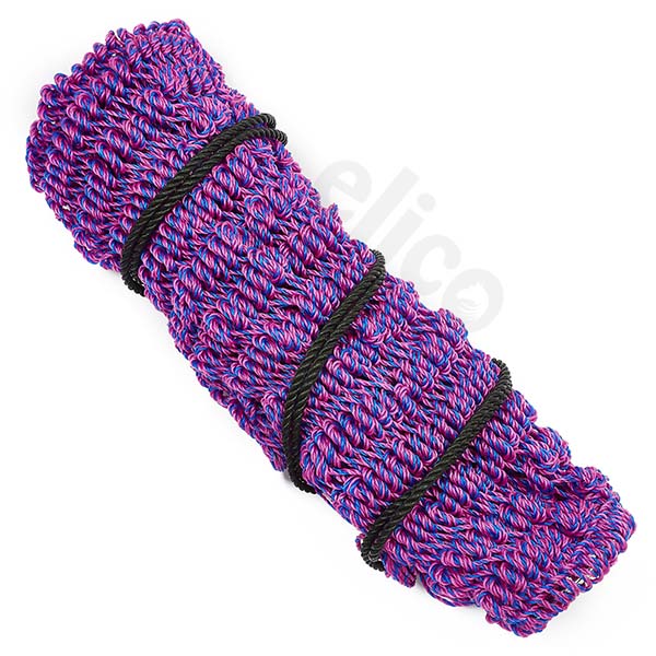 A rolled-up, mesh purple and pink equine haynet.