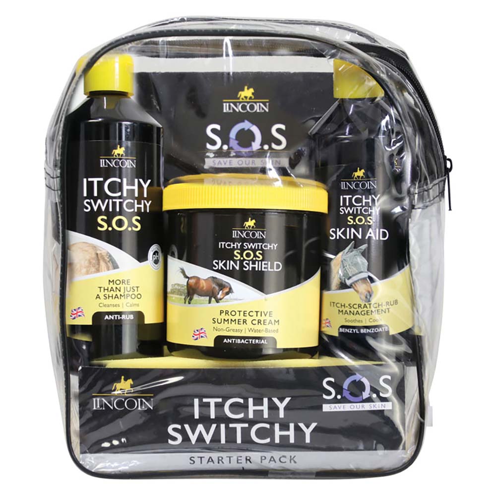 Lincoln Itchy Switchy SOS starter pack with clear carrying case on a white background